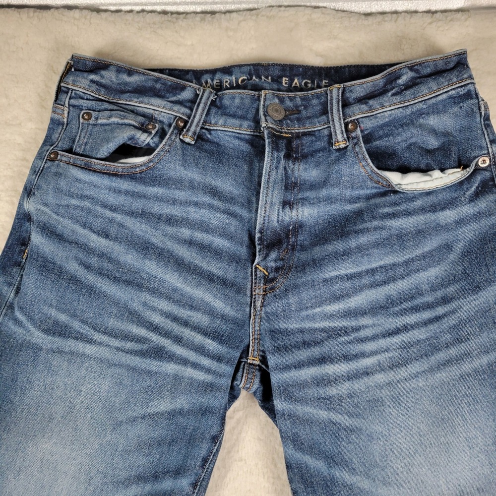 American Eagle Jeans Mens 33x32 Blue Straight Leg Stretch Whiskered Denim - Picture 3 of 15